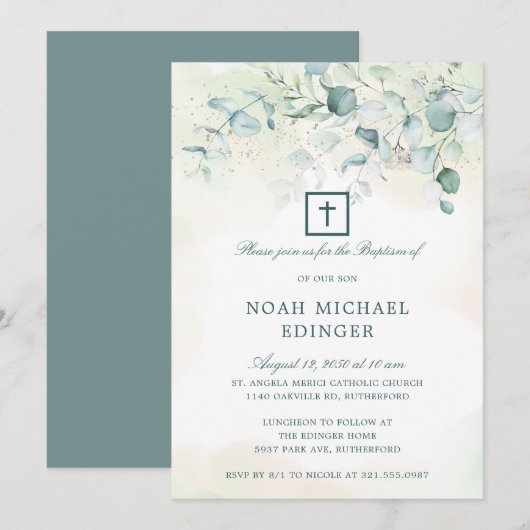 Elegant Cross Greenery Eucalyptus Baptisme Kaart (Voorkant / Achterkant)