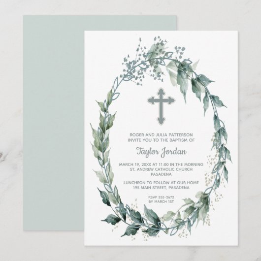 Elegant Cross Greenery Wreath Baptisme Kaart (Voorkant / Achterkant)