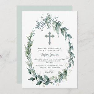 Elegant Cross Greenery Wreath Baptisme Kaart