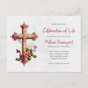 Elegant Cross met Roze Flowers Memorial Invite Briefkaart