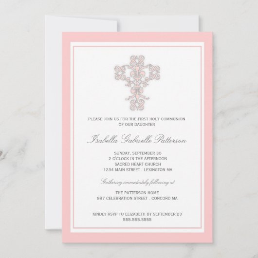 Elégant Cross Rose Girl First Communion Invitation (Devant)