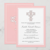 Elégant Cross Rose Girl First Communion Invitation (Devant / Derrière)