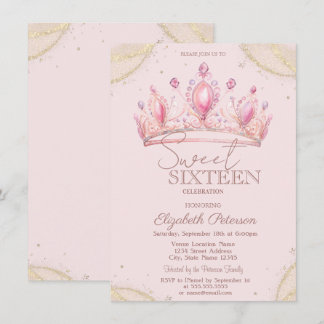 Elegant Crown Gold Glitter Corners Sweet 16   Kaart