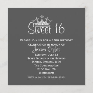 Elegant Crown Gray & White Sweet 16 Birthday Kaart