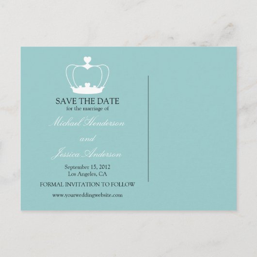 Elegant Crown Save the Date Briefkaart - Blauw (Achterkant)