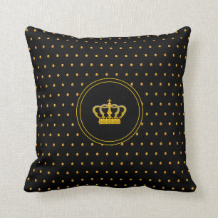 Elegant Crown & Small Gold Polka Dots on Black Kussen