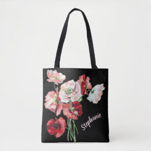 Elegant Cursive Script Name Waterverf Art Poppies Draagtas
