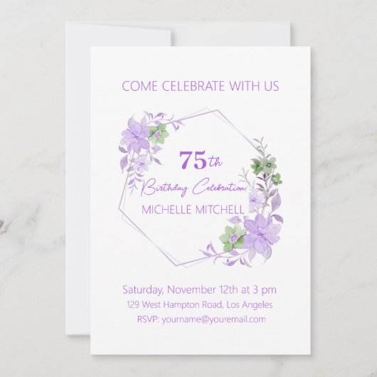 Elegant Custom 75th Verjaardag Lavendel Bloemen Kaart (Voorkant)