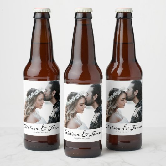 Elegant Custom Calligraphy Photo Wedding Bier Etiket (Flessen)