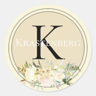 Elegant Custom Family Name Monogram Cream Rozen Ronde Sticker