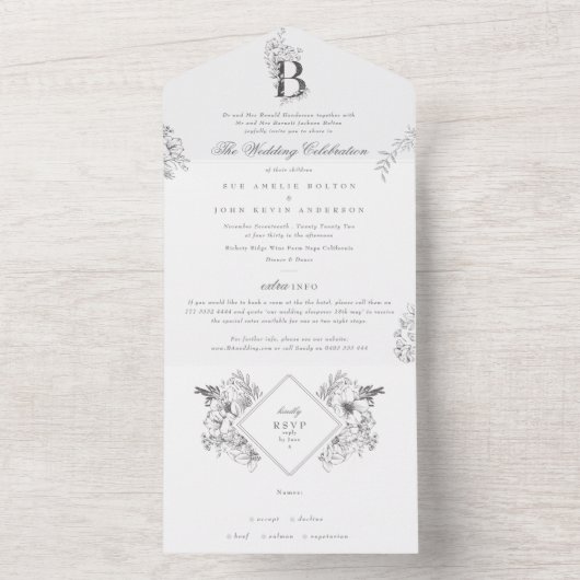 Elegant Custom Floral Monogram Organic Botanical All In One Uitnodiging (Binnen)