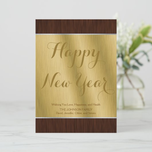 Elegant Custom Gold and Dark Wood New Year Card Feestdagenkaart (Staand voorkant)