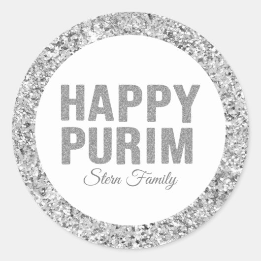 Elegant Custom Hebrew Happy Purim Silver Glitter Ronde Sticker (Voorkant)