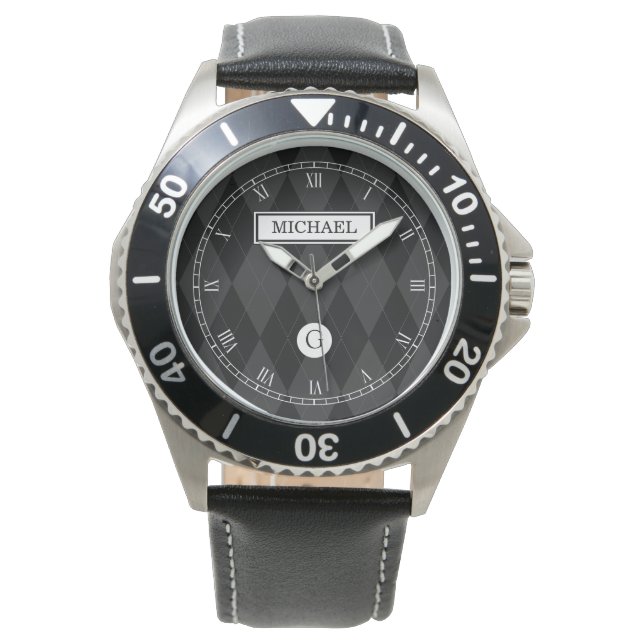 Elegant Custom Monogram Black Argyle Face Horloge (Voorkant)