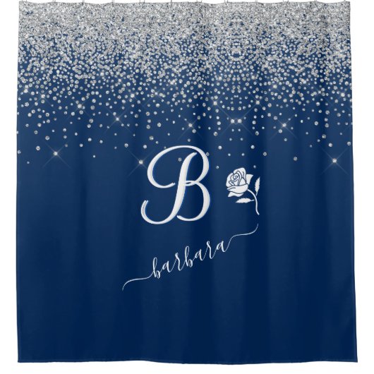 Elegant Custom Monogram Blue Silver Sparkle Douchegordijn (Voorkant)