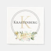 Elegant Custom Monogram Naam Witte Rozen Servet (Voorkant)