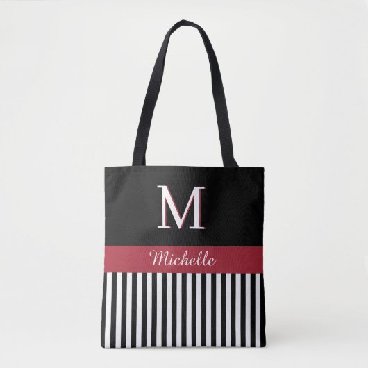 Elegant Custom Monogram Name Black White Stripes Draagtas (Voorkant)