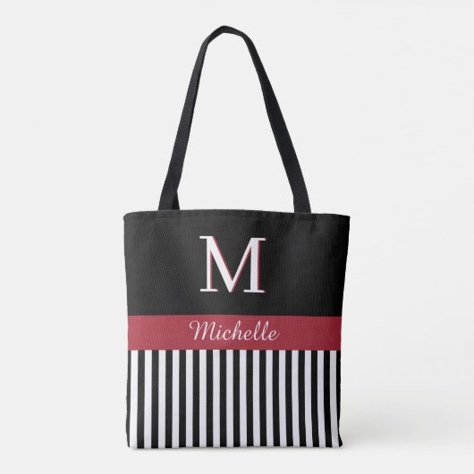 Elegant Custom Monogram Name Black White Stripes Draagtas (Achterkant)