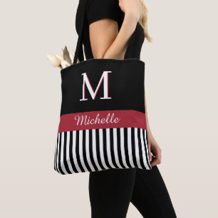 Elegant Custom Monogram Name Black White Stripes Draagtas
