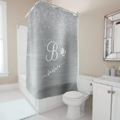 Elegant Custom Monogram Silver Sparkle Douchegordijn (In situ)