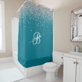 Elegant Custom Monogram Turquoise Silver Sparkle Douchegordijn (In situ)