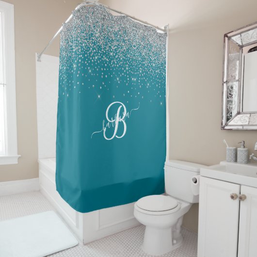Elegant Custom Monogram Turquoise Silver Sparkle Douchegordijn (In situ)