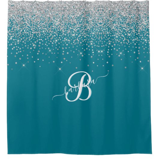 Elegant Custom Monogram Turquoise Silver Sparkle Douchegordijn (Voorkant)
