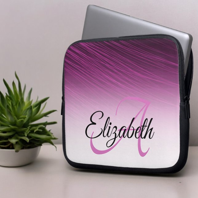 Elegant Custom Name Monogram Paars Ombre Streaks Laptop Sleeve (front laptop sleeve with monogram and name template text)