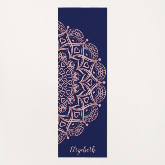 Elegant Custom Navy Blue en Roos Gold Mandala Yogamat (Voorkant)