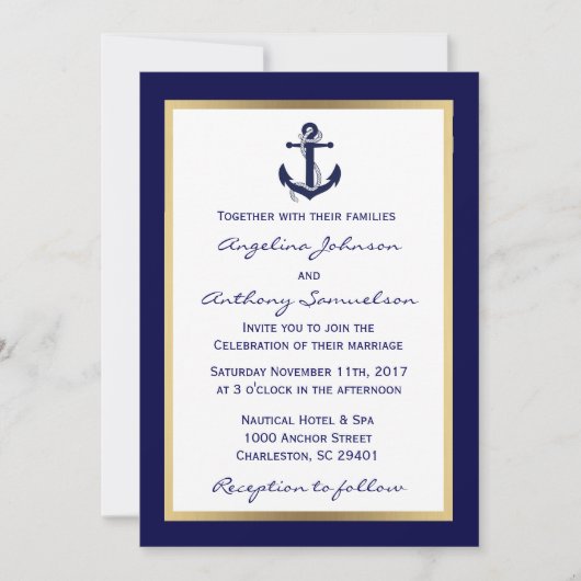 Elegant Custom Navy Blue Nautical Wedding Invites Kaart (Voorkant)