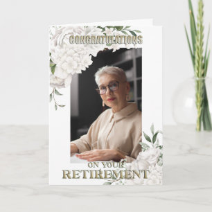 Elegant Custom Photo White Floral Retirement Kaart
