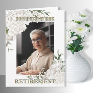 Elegant Custom Photo White Floral Retirement Kaart