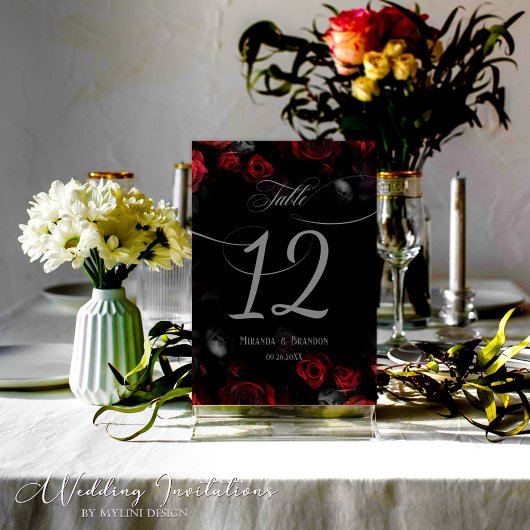 Elegant Custom Zwart en Rood Bloemen Bruiloft Kaart