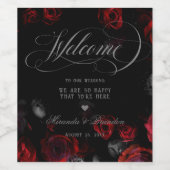 Elegant Custom Zwart en Rood Bloemen Bruiloft Wijn Etiket (Enkel label)