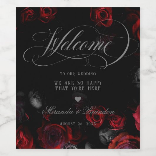 Elegant Custom Zwart en Rood Bloemen Bruiloft Wijn Etiket (Enkel label)