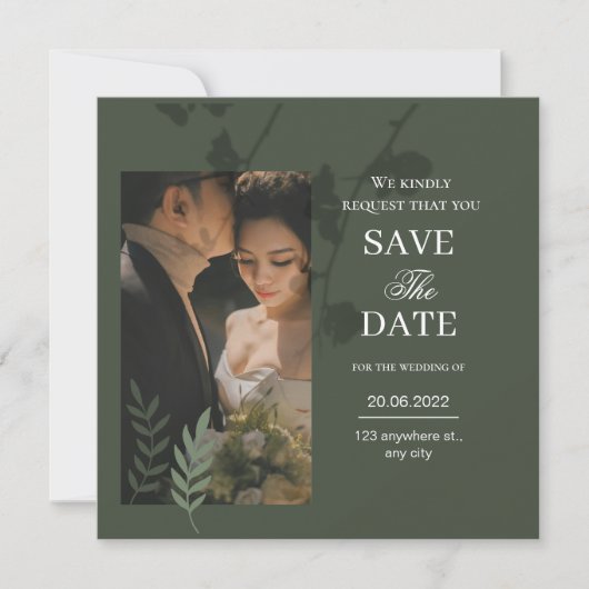 Elegant customizable olive green wedding save the date (Voorkant)