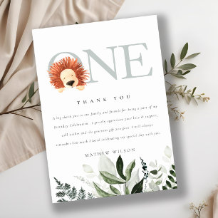 Elegant Cute Boho Lion Foliage First Birthday Bedankkaart