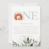 Elegant Cute Boho Lion Foliage First Birthday Bedankkaart (Voorkant)