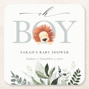 Elegant Cute Boho Lion Foliage Oh Boy Baby shower Vierkante Kartonnen Onderzetter