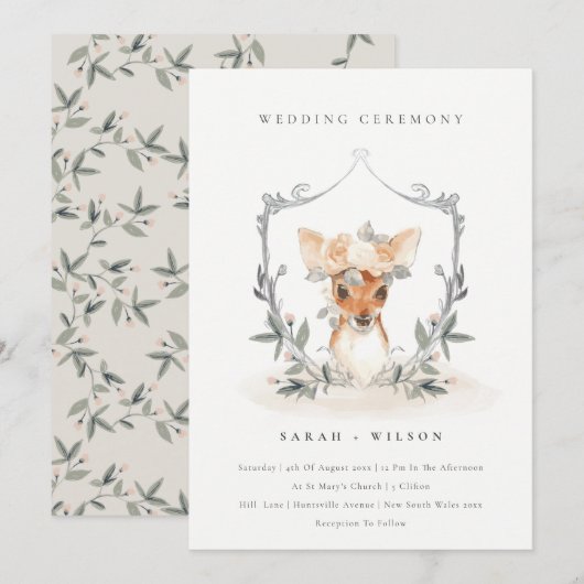 Elegant Cute Deer Floral Crest Wedding Invite Bedankkaart (Voorkant / Achterkant)