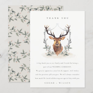 Elegant Cute Dusky Deer Floral Crest Wedding Bedankkaart