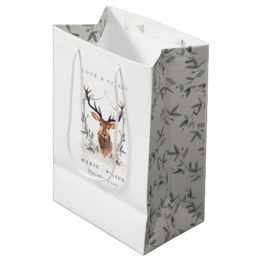 Elegant Cute Dusky Deer Floral Crest Wedding Medium Cadeauzakje (Voorkant Gekanteld)