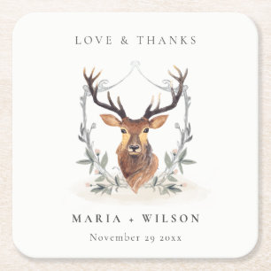 Elegant Cute Dusky Deer Floral Crest Wedding Vierkante Kartonnen Onderzetter