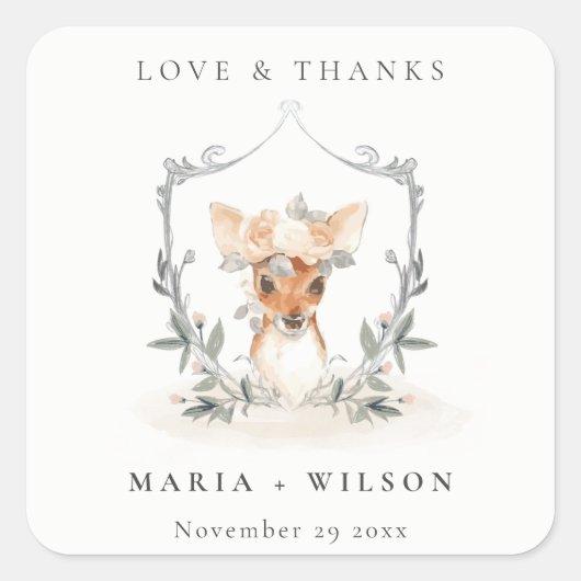 Elegant Cute Dusky Deer Floral Crest Wedding Vierkante Sticker (Voorkant)