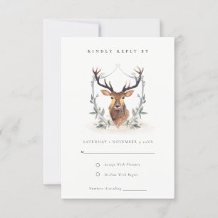 Elegant Cute Pastel Deer Floral Crest Wedding RSVP Kaartje