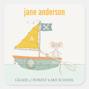 Elegant Cute Pirate Mouse Sailboat Kinder Monogram Vierkante Sticker