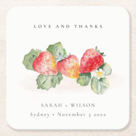 Elegant Cute Red Strawberry Leafy Foliage Weddensc Vierkante Kartonnen Onderzetter