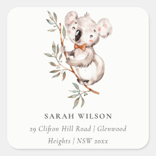 Elegant Cute Waterverf Baby Koala Foliage Adres Vierkante Sticker