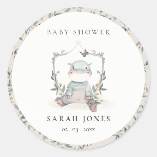 Elegant Cute Yellow Baby Hippo Foliage Baby shower Ronde Sticker