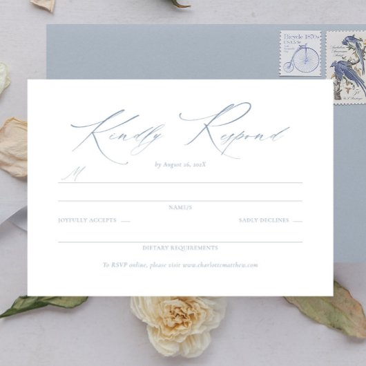 Élégant Dainty Script Dusty Blue Wedding RSVP